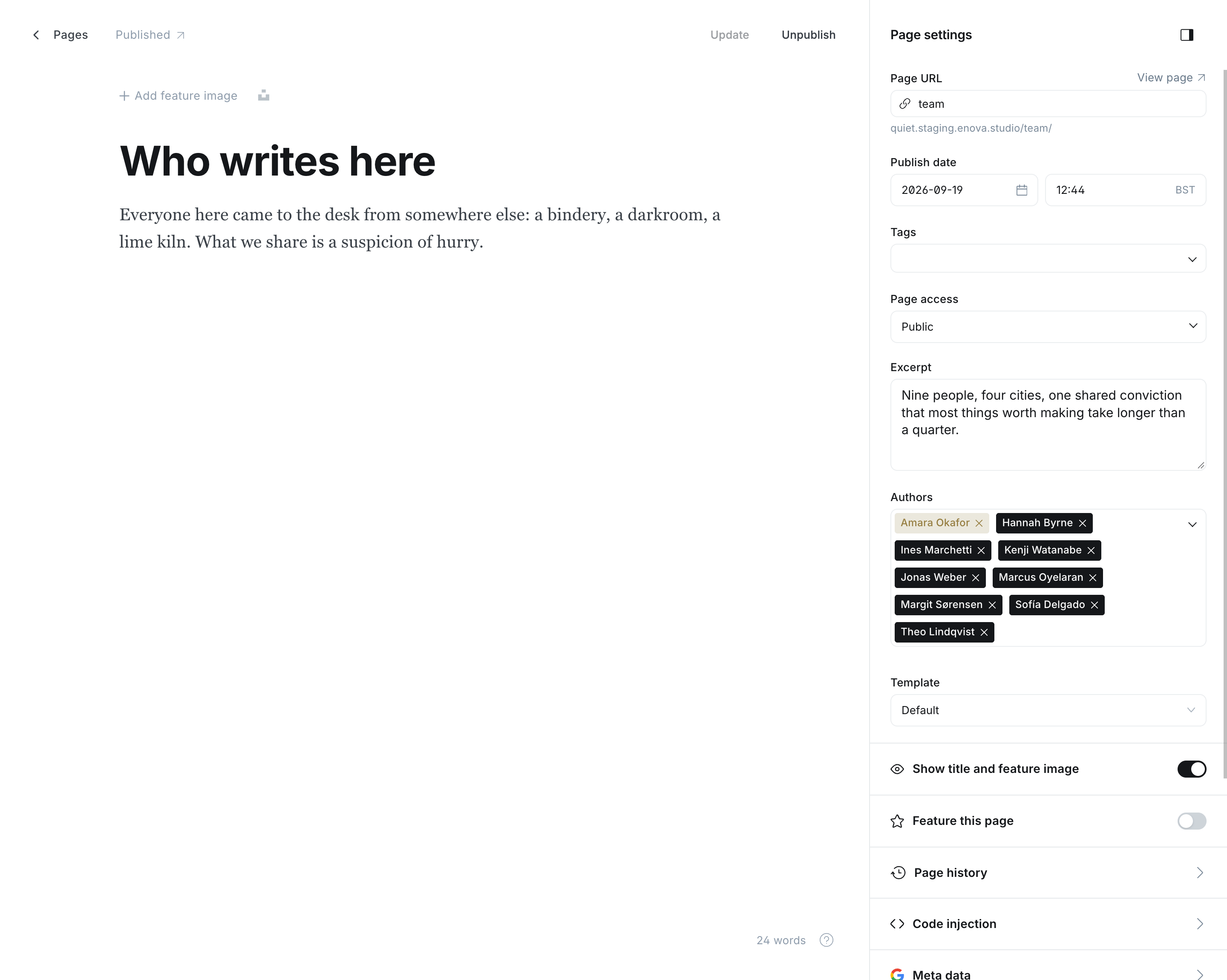The team page in the editor, with Template set to Team