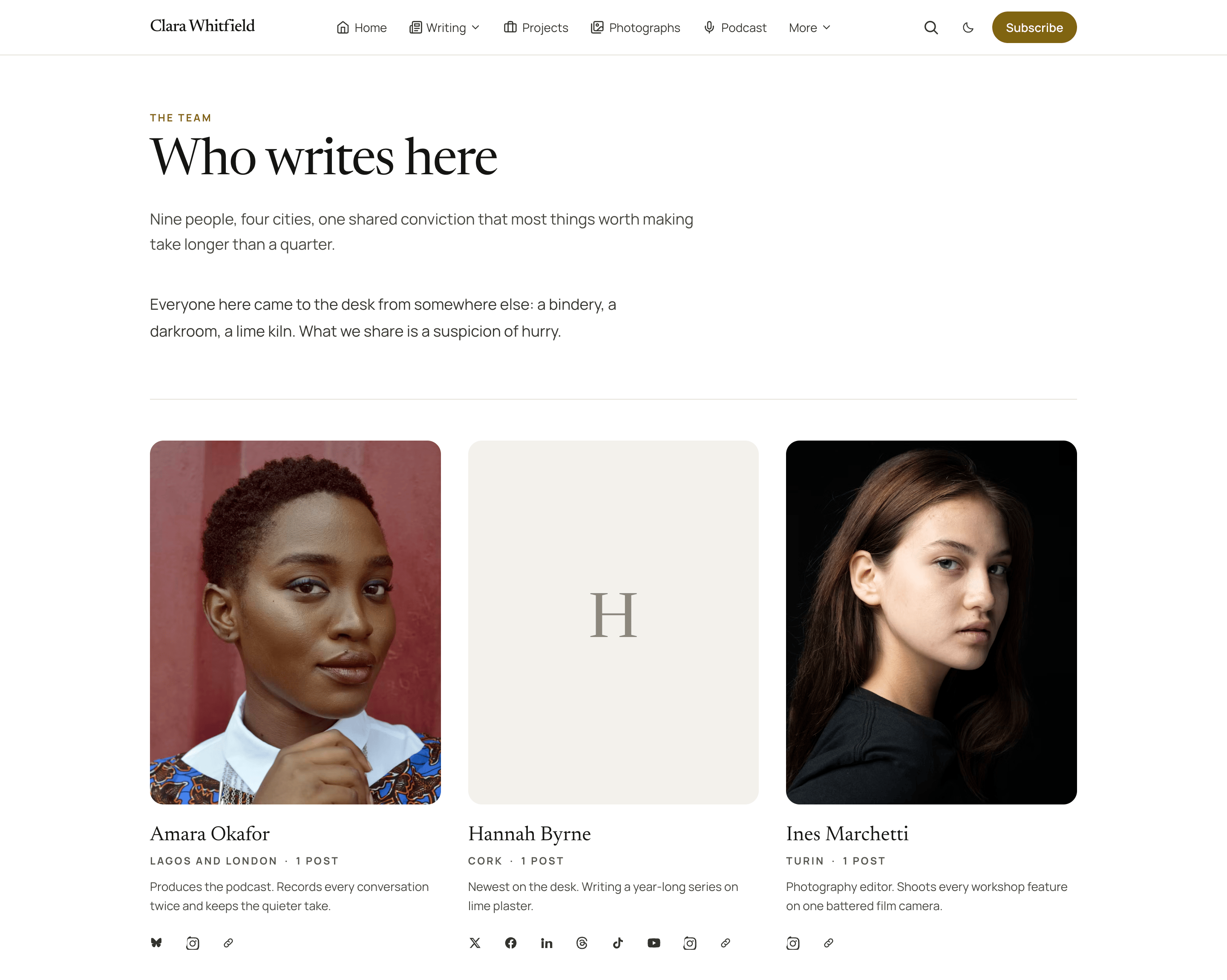 The team page as readers see it: a grid of portrait cards