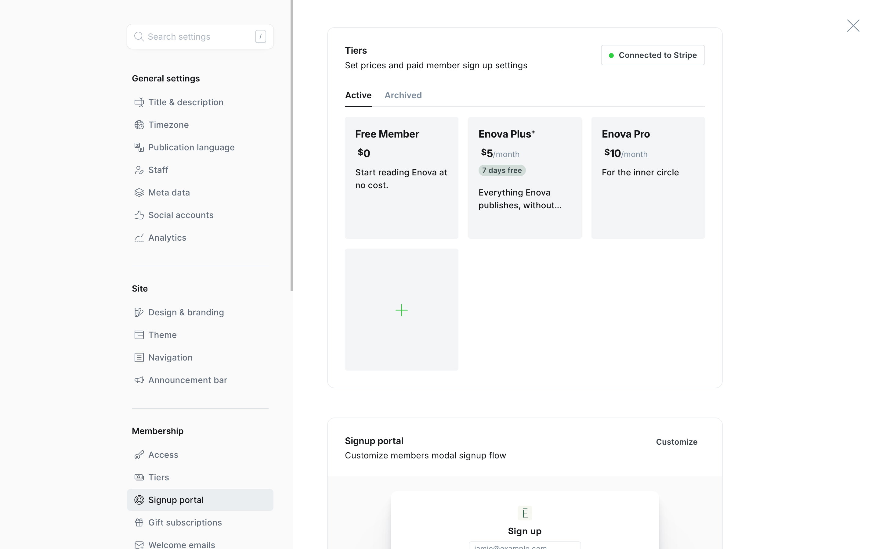 Ghost Tiers settings with prices, benefits, and a free trial