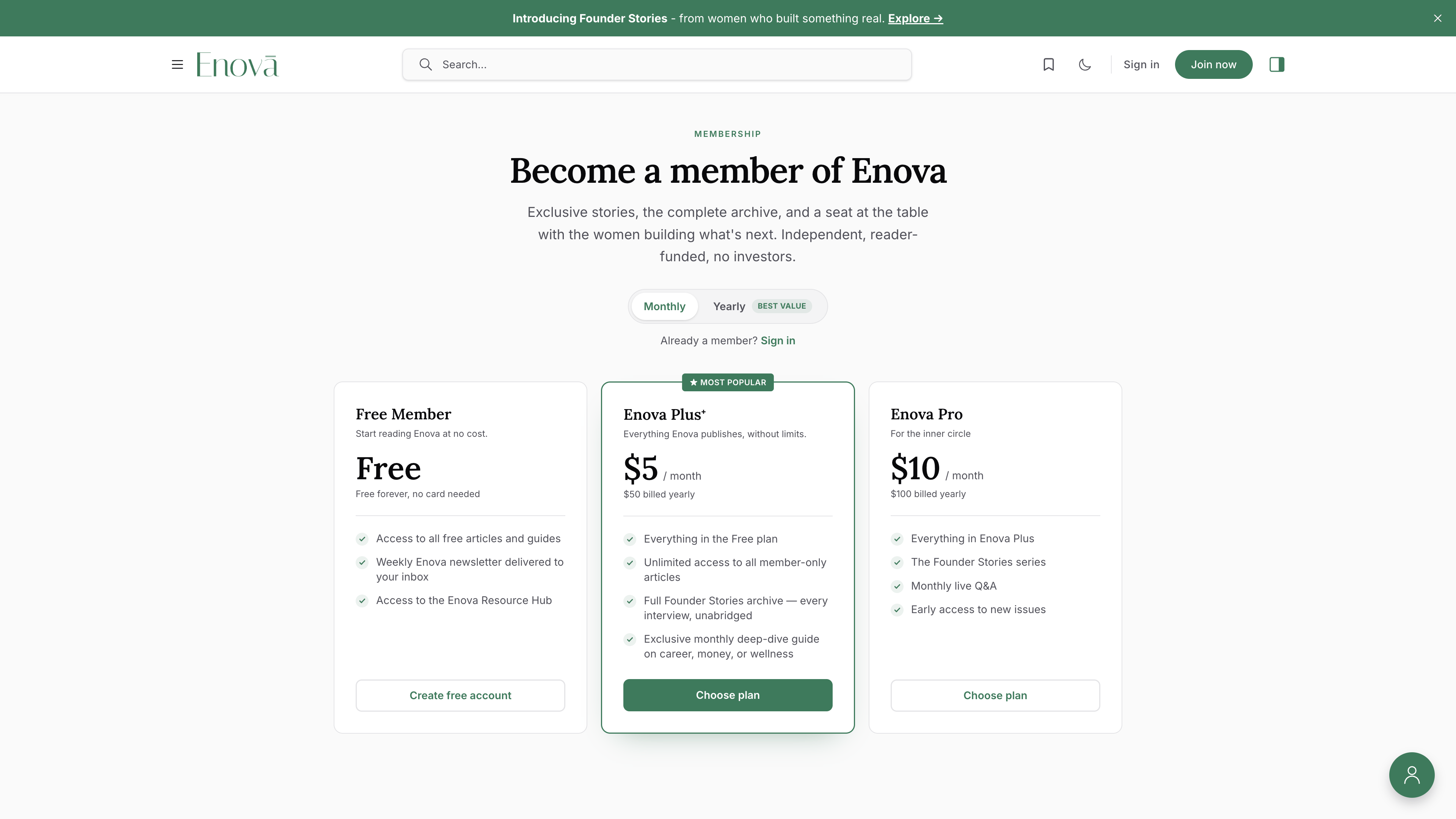 The membership page as a three-column tier grid