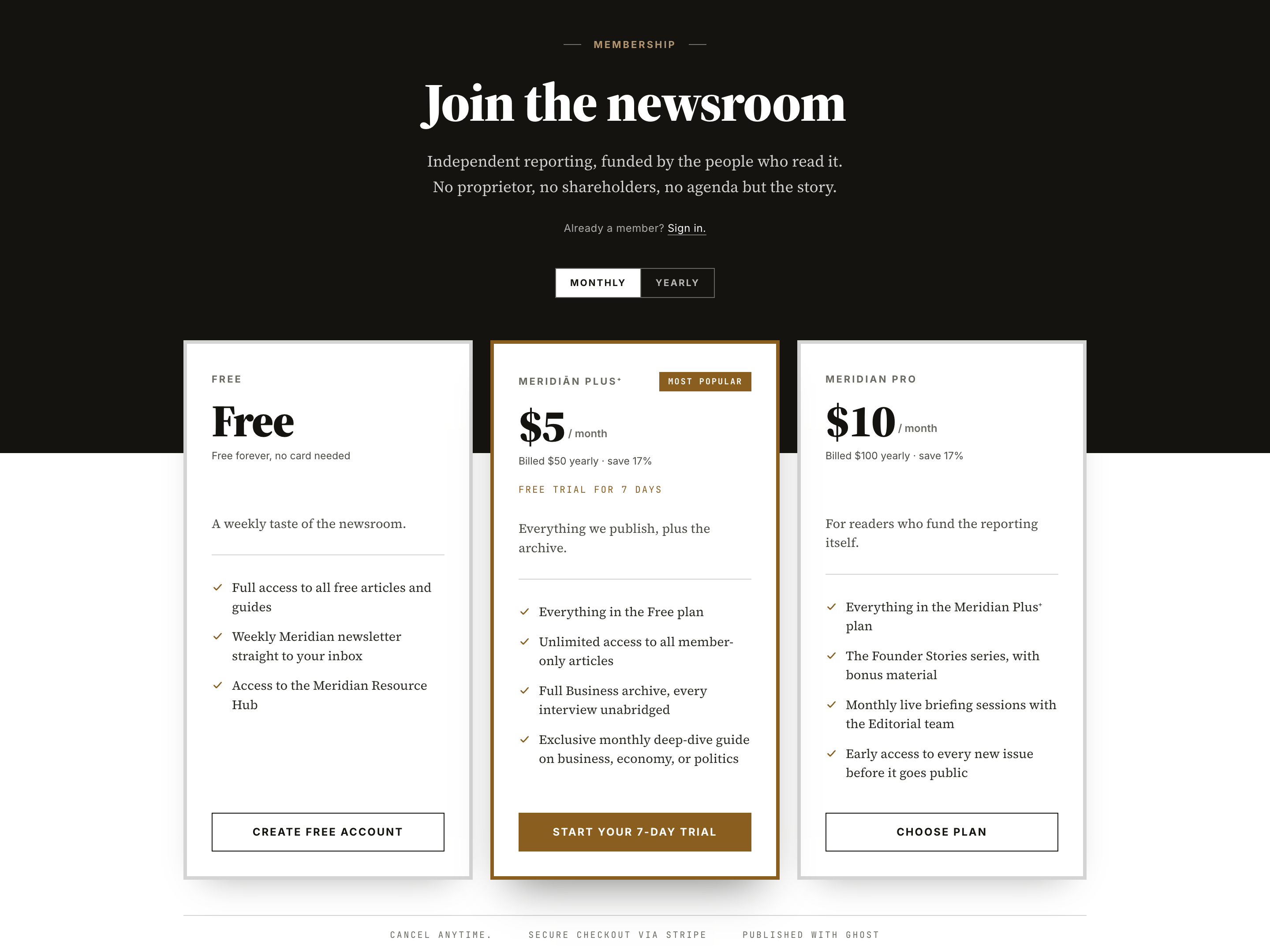 The membership page's plan cards lifted onto the dark hero band