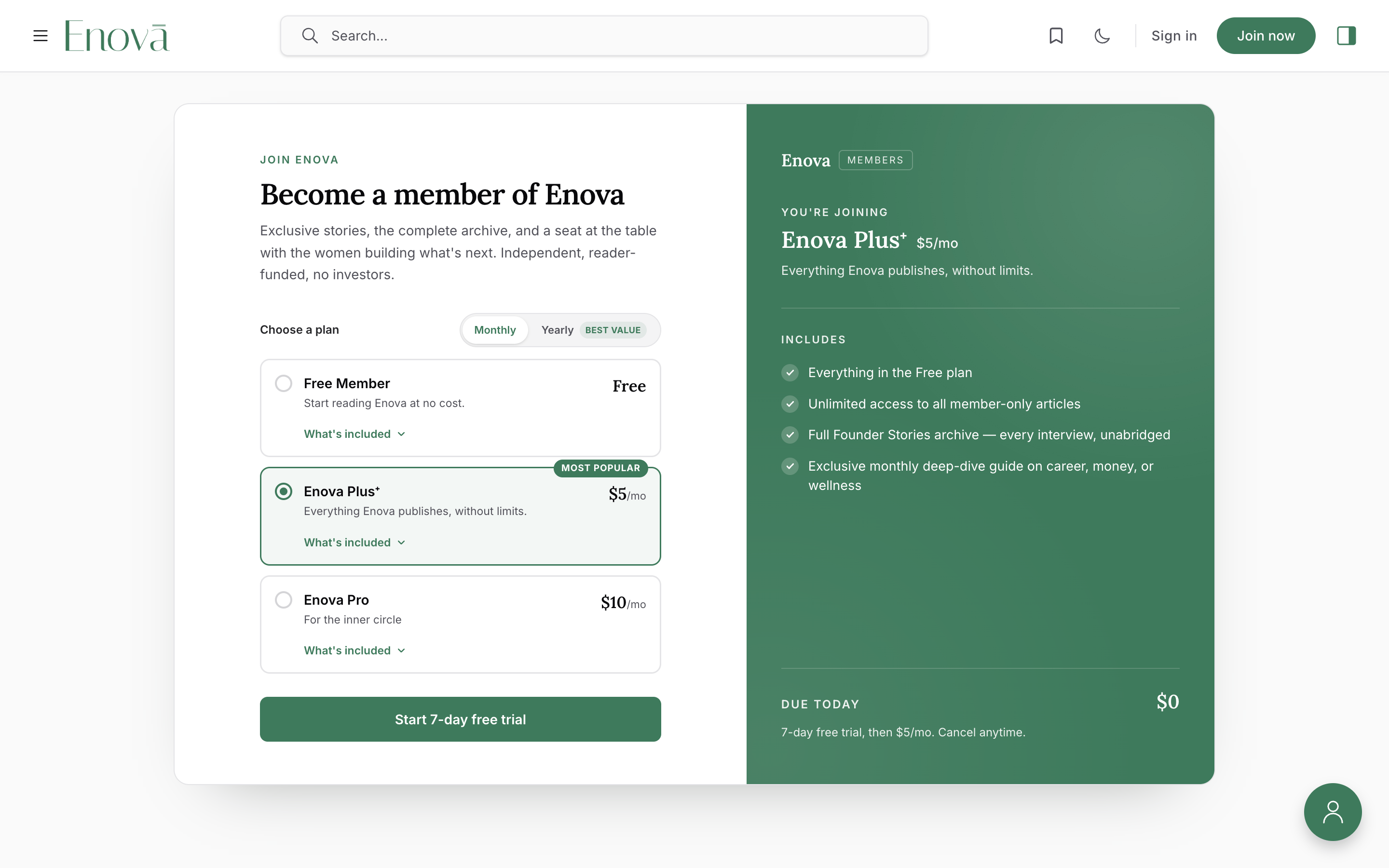 The membership page as a Join card with a plan picker and live order summary