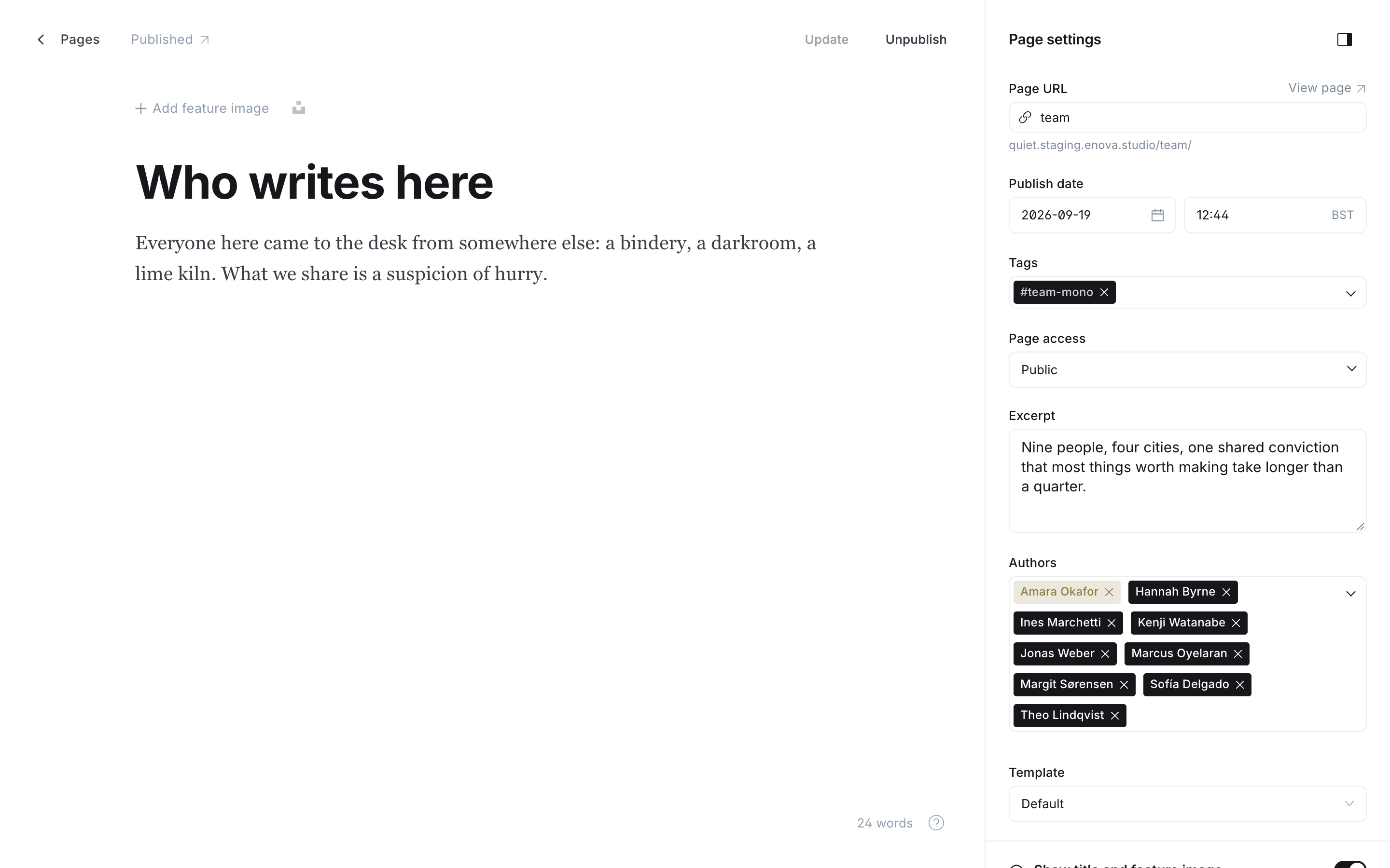 The Authors picker in the editor's settings panel, holding several people
