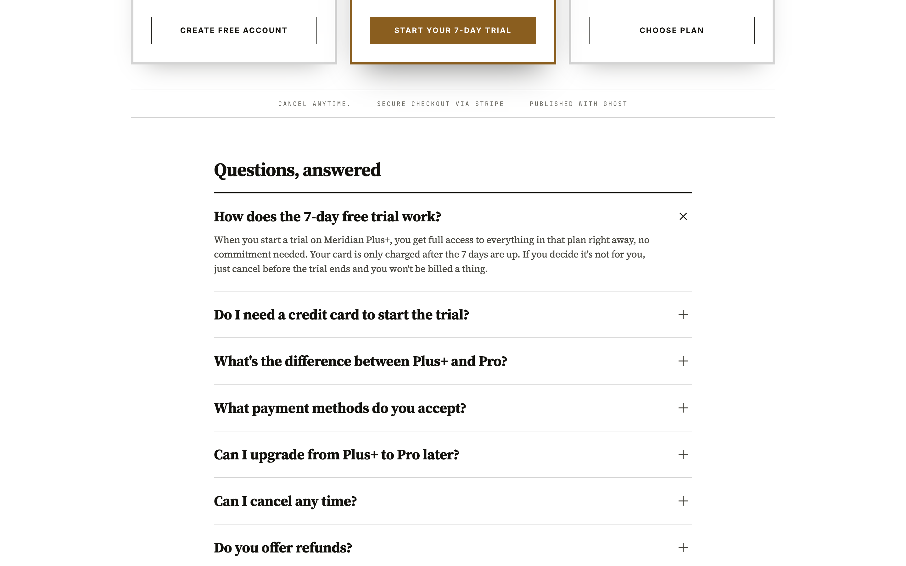 An FAQ accordion built from Ghost Toggle cards, one answer open