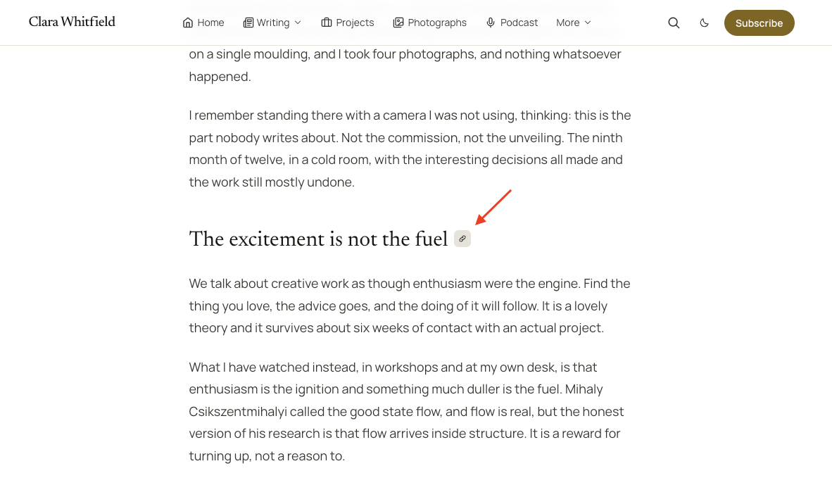 A small link button at the end of a heading, shown while the pointer is over the heading