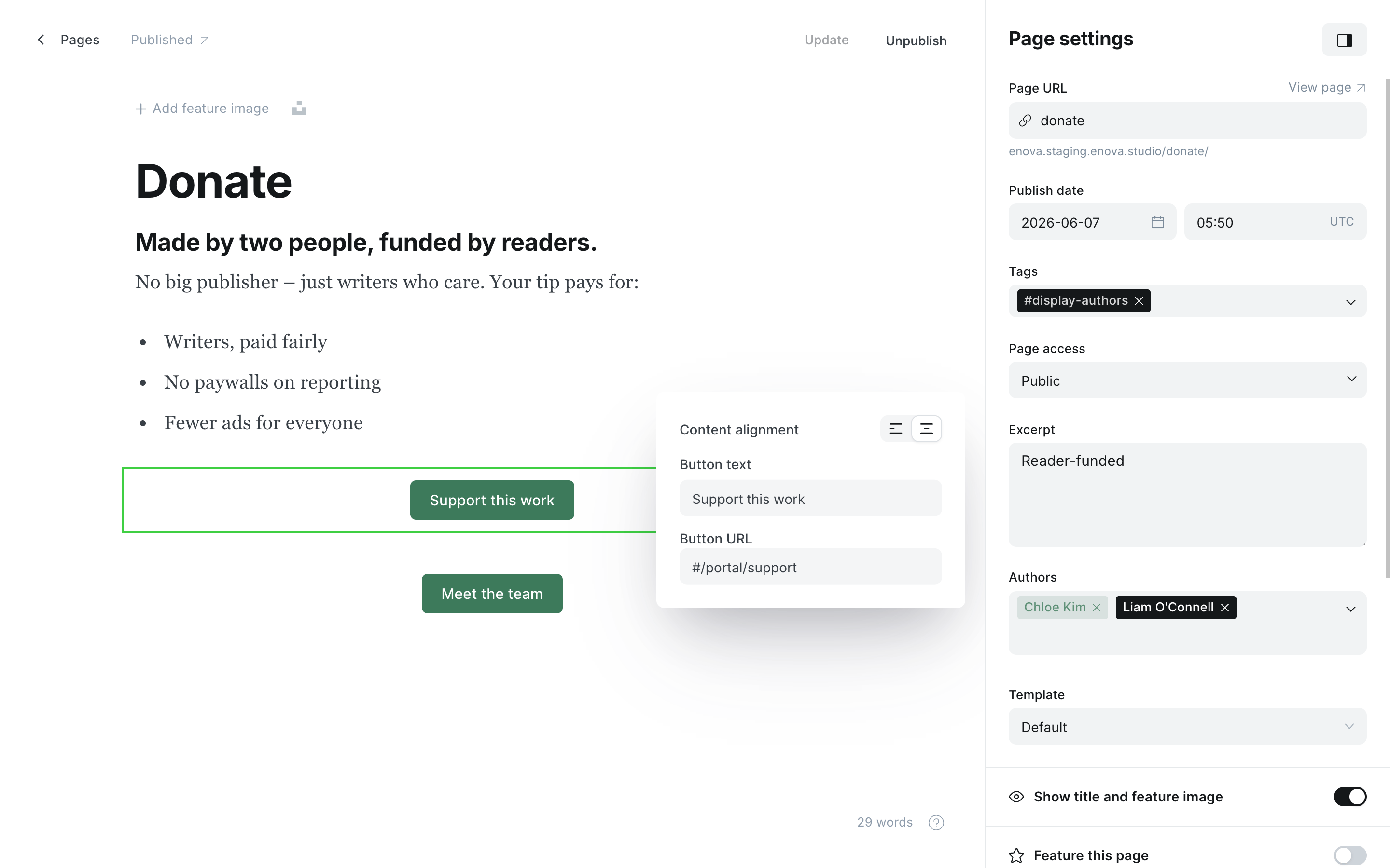 The donate page in the Ghost editor