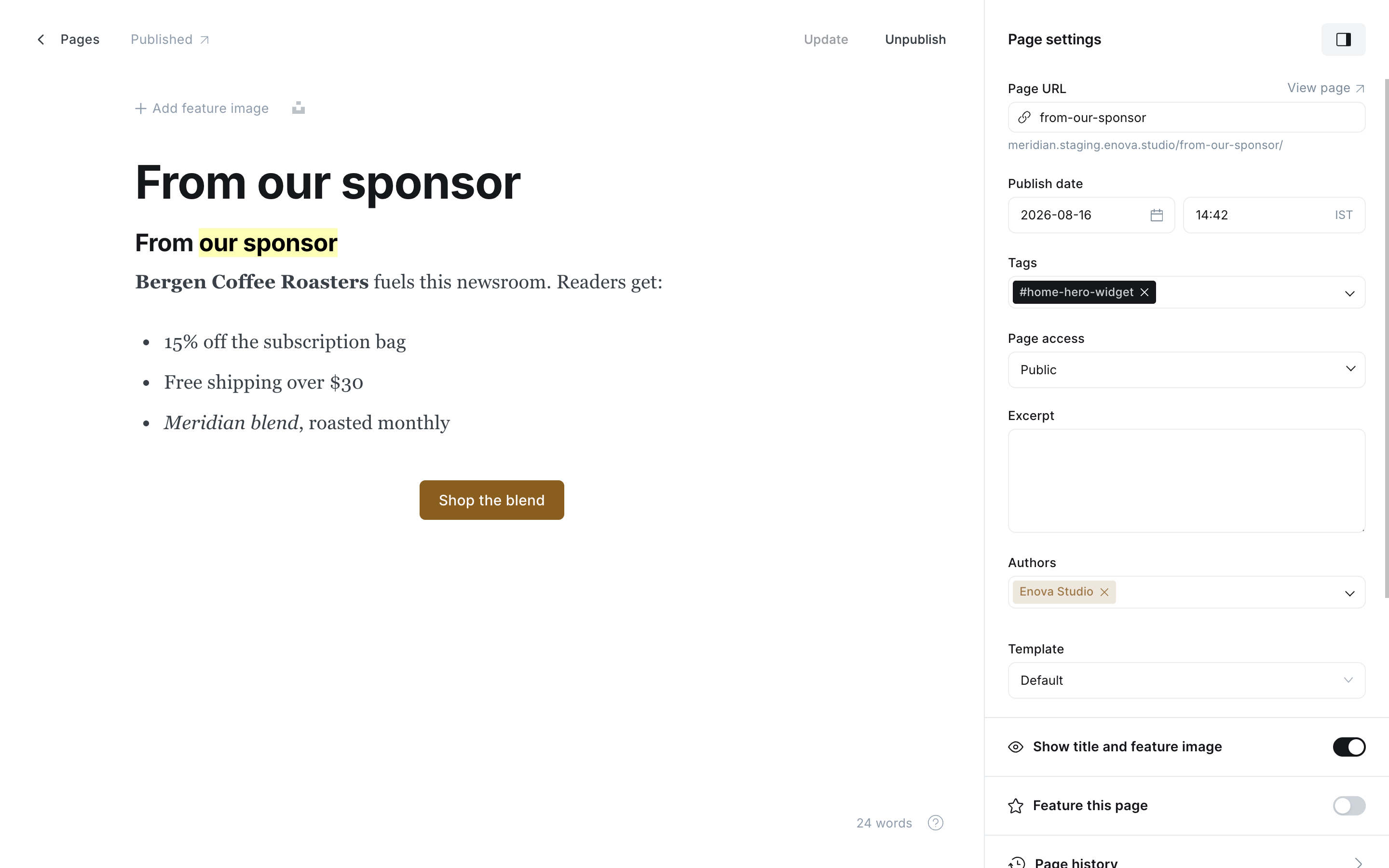 The widget page in the Ghost editor: a Heading 2 headline with a highlight, a short paragraph, and a Button card