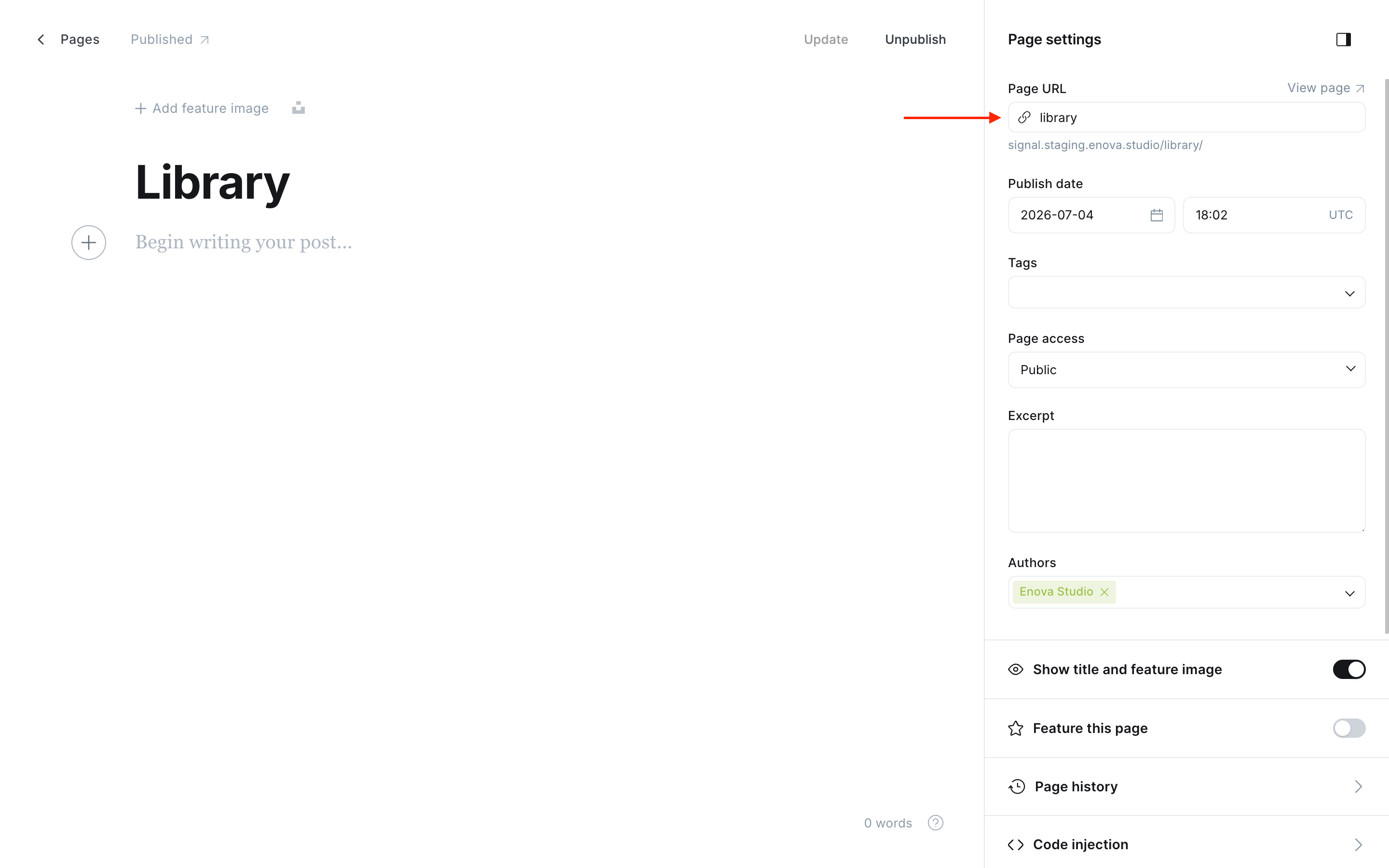 The Page URL slug field in Ghost page settings