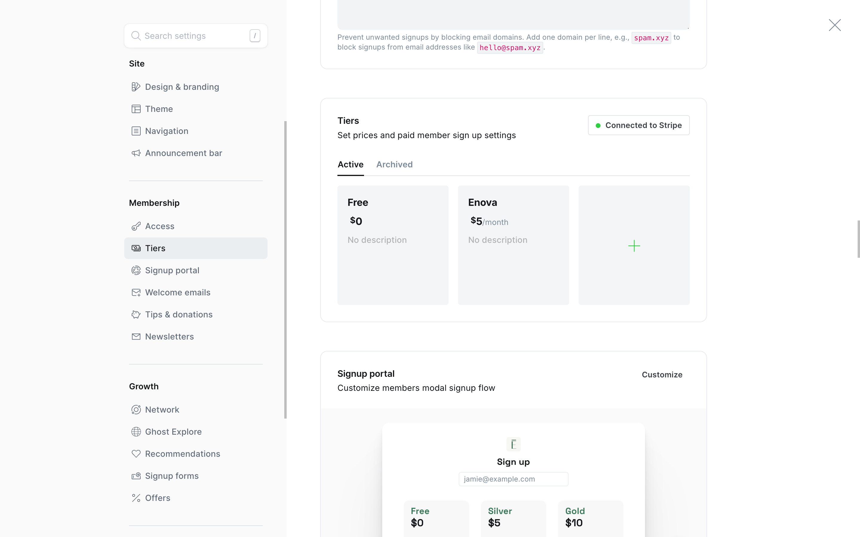 Stripe connection settings on Tiers