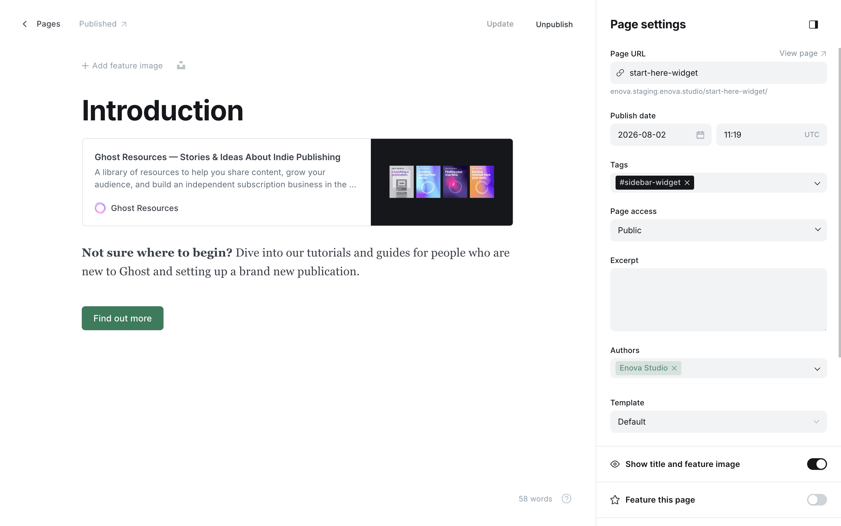 A page tagged #sidebar-widget in the Ghost editor